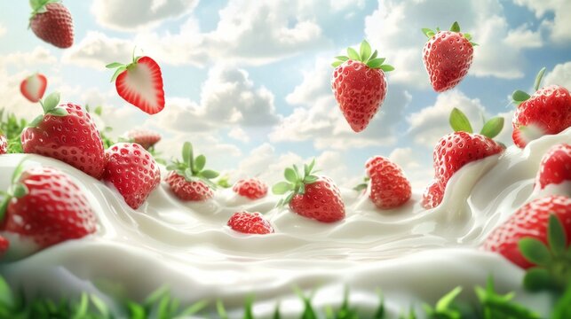 A strawberry milkshake with strawberries floating in the milk