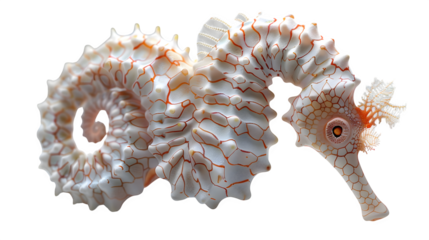 Seahorse character with swirly tail and closed eyes made of soft plush fabric, ultra-realistic texture, sharp focus, white background, isolated object, high detail, studio lighting, no shadows