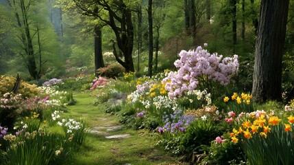 Idyllischer Frühlingsgarten mit bunten Blumen und Waldweg
