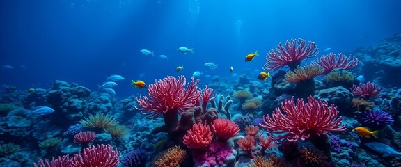 Glowing coral reef, vibrant marine life, surreal underwater scene, vibrant, surreal