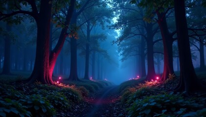 Glowing ethereal lights illuminating dark forest at night, fantasy, technology, AI