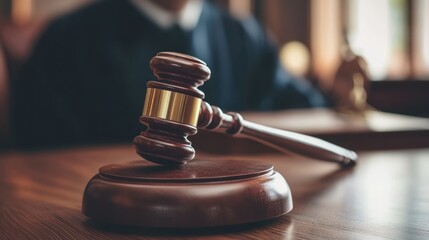 Gavel on Wooden Sound Block in Courtroom: Symbol of Justice and Law
