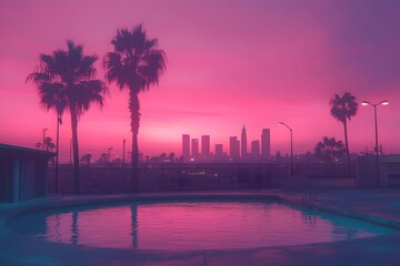 A Retro Pink Sunset Hues Over the Los Angeles Skyline, Reflecting in a Serene Swimming Pool