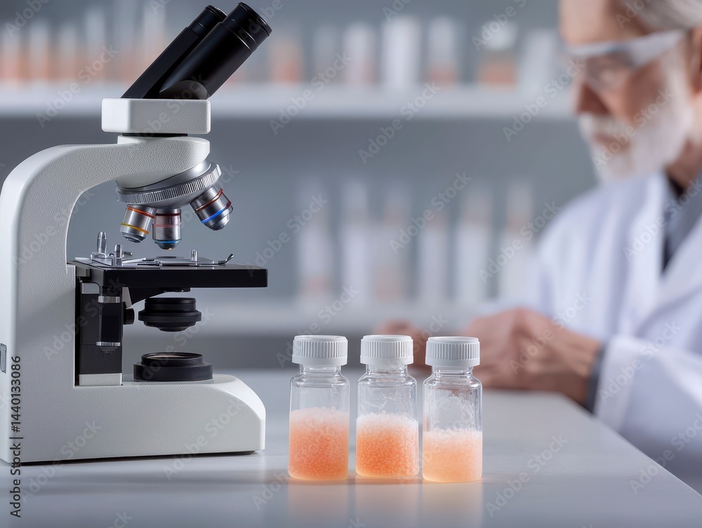 Poster scientist analyzing samples using microscope in laboratory setting