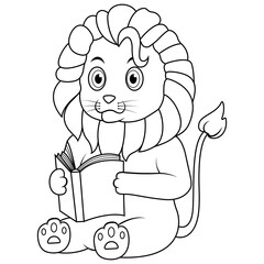 A cute lion reading a book line art