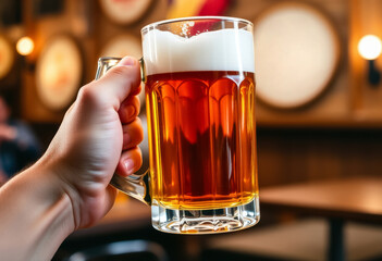 male hand holding glass full of tasty golden beer indoors at bar or pub