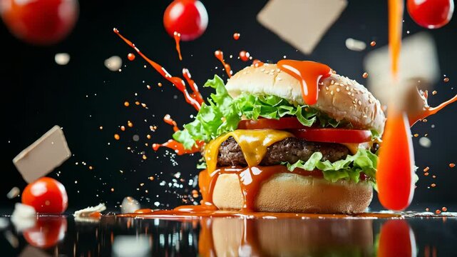 Juicy hamburger with fresh ingredients and splashes of sauce