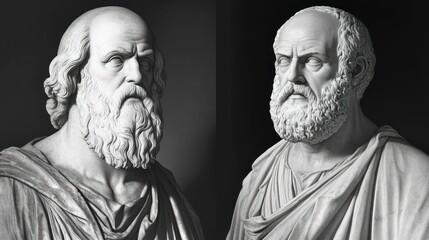Two monochrome statues of ancient Greek philosophers, with beards and togas.