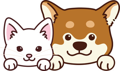 Simple and adorable illustration of Shiba Inu and white cat