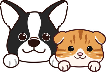 Simple and adorable illustration of French Bulldog and Scottish Fold