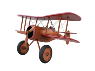 a wooden airplane with a red wing