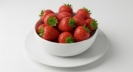 A full bowl of vibrant red strawberries on a white plate, a simple yet elegant arrangement.