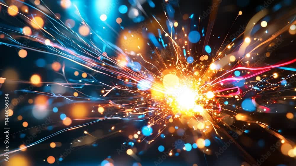 Poster dynamic burst of colorful light waves with glowing particles