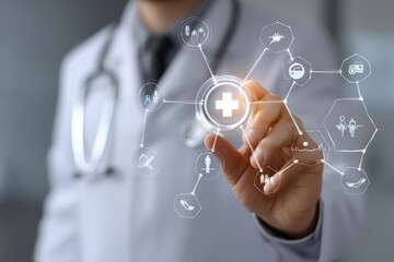 Doctor interacts with a digital interface showing a medical network.  Modern healthcare technology.