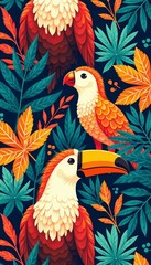 Tropical animal pattern with vibrant color palette and abstract shapes, abstract, vector, animals