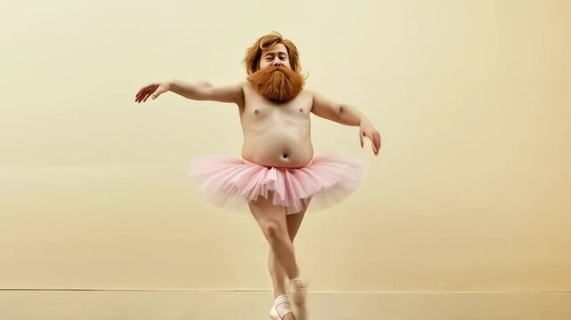 Cute fat man in ballet skirt showing dance moves, funny dancer