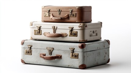A tower of weathered travel suitcases arranged with nostalgia.