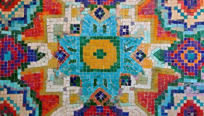 A colorful mosaic artwork composed of small, intricately arranged tiles, depicting a lively scene with bold patterns and vivid hues, capturing the essence of artistic expression and cultural vibrancy