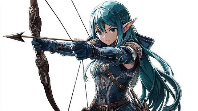 Female elf archer aiming bow and arrow. (1)