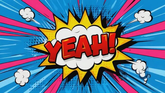 Retro comic "Yeah!" text animates. Perfect for vintage reactions, fun outros, 80s style graphics. Animated retro yeah.