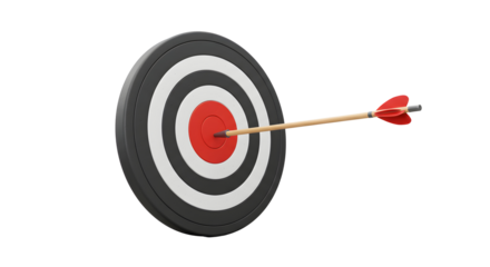 An arrow hitting the center of a target with alternating rings on a simple isolated background view on transparent background