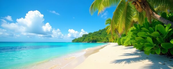 Obraz premium Tropical paradise with sandy beach and lush coconut trees, tropical, ocean, sandy