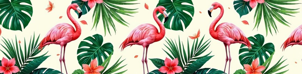 Tropical seamless pattern with elegant pink flamingo bird, palm leaves and exotic flowers, exotic, palm leaves, seamless
