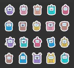 Adorable baby phone character set with smiling faces, funny emotions, cute wings, hats, buttons, antennas, hearts, flowers, crowns for yours creative projects