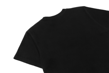Mockup black t-shirt blank, close up back view bottom right angle