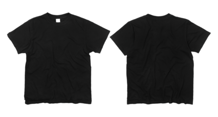 Black t-shirt wrinkled blank mockup, front and back side top view angle