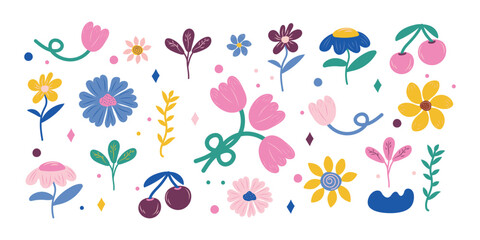 A bright, fashionable set of abstract flowers and berries, hand-painted in a modern style. Vector flat illustration.
