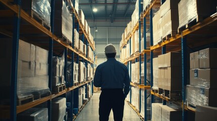 A worker in a warehouse stands amidst rows of shelves with boxes.