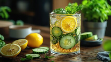 Glass of infused water with lemon cucumber and mint on a wooden surface.