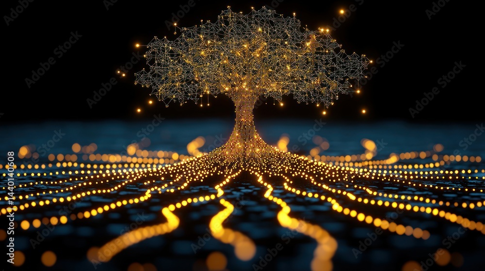 Poster glowing digital tree with interconnected roots on a dark backdrop