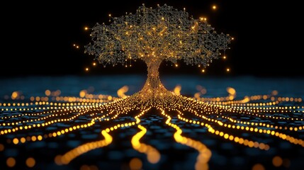 Glowing digital tree with interconnected roots on a dark backdrop