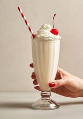 Hand holding vanilla milkshake with whipped cream and cherry in glass with red striped straw, nostalgic diner aesthetic.
