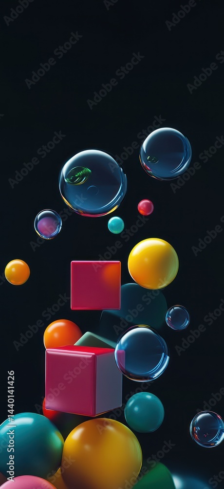 Poster colorful spheres and cubes float; dark background; abstract art; design element