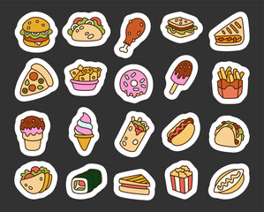 Fast food set with delicious snacks including burgers, tacos, sandwiches, fries, pizza, desserts and more in cute outline clipart style for yours creative designs projects
