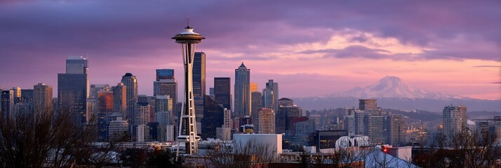 Naklejka premium Seattle Skyline Sunrise View, Cityscape at Dawn