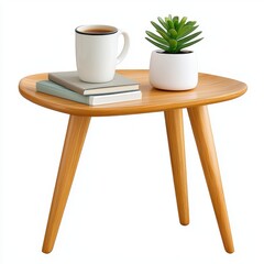 A stylish mid-century modern wooden side table with tapered legs displays a cup of tea, books, and a small succulent plant in a white pot adding a touch of home decor.