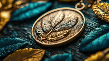 Naklejka premium Golden leaf pendant on dark wood surrounded by colored leaves