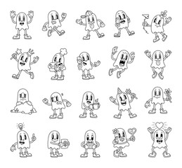 Ghost cartoon characters with emotions gestures objects costumes magic and funny actions in groovy retro outline style