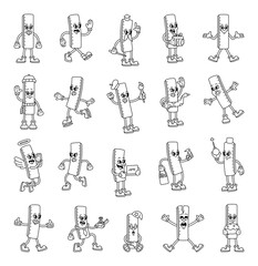 Ruler cartoon characters with emotions gestures actions professions objects and funny costumes in groovy retro outline style