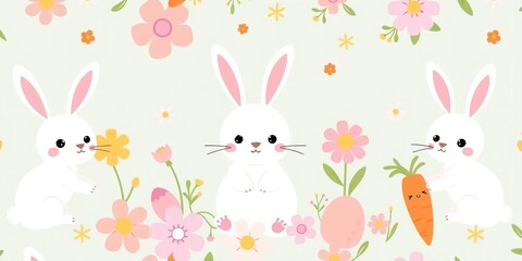 Pastel kawaii bunny, flower, carrot Easter pattern for spring decor , adorable, holiday