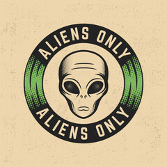 Retro UFO, Aliens emblem. UFO label with alien face. Vintage halftone design, perfect for t-shirt print, apparel, sticker design.Vector illustration