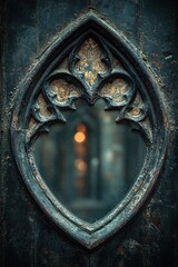 Ornate gothic window frame with blurred lights and antique decor