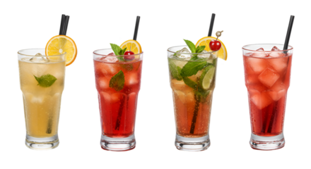 Cuba Libre, Long Island, Mojito, Paloma, Tequila Sunrise, Screwdriver cocktail transparent PNG set bundle, isolated background. Bar menu cocktails in highball glass, colorful refreshing drink garnish,