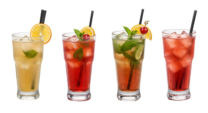 Cuba Libre, Long Island, Mojito, Paloma, Tequila Sunrise, Screwdriver cocktail transparent PNG set bundle, isolated background. Bar menu cocktails in highball glass, colorful refreshing drink garnish,