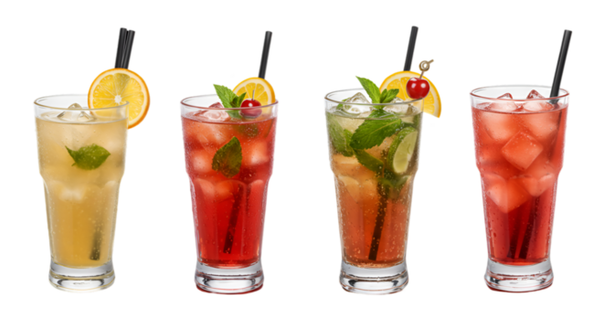Cuba Libre, Long Island, Mojito, Paloma, Tequila Sunrise, Screwdriver cocktail transparent PNG set bundle, isolated background. Bar menu cocktails in highball glass, colorful refreshing drink garnish,