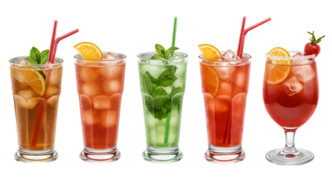 Cuba Libre, Long Island, Mojito, Paloma, Tequila Sunrise, Screwdriver cocktail transparent PNG set bundle, isolated background. Bar menu cocktails in highball glass, colorful refreshing drink garnish,